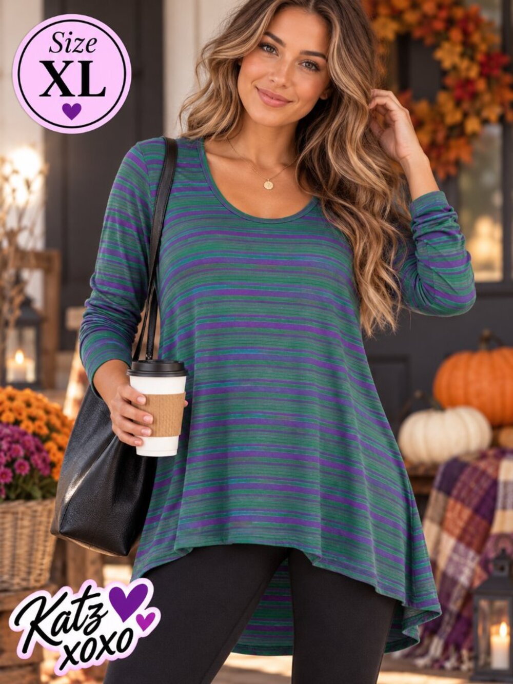 LuLaRoe Lynnae Tunic Top XL Purple Green Striped Hi-Lo Long Sleeve NWT Casual